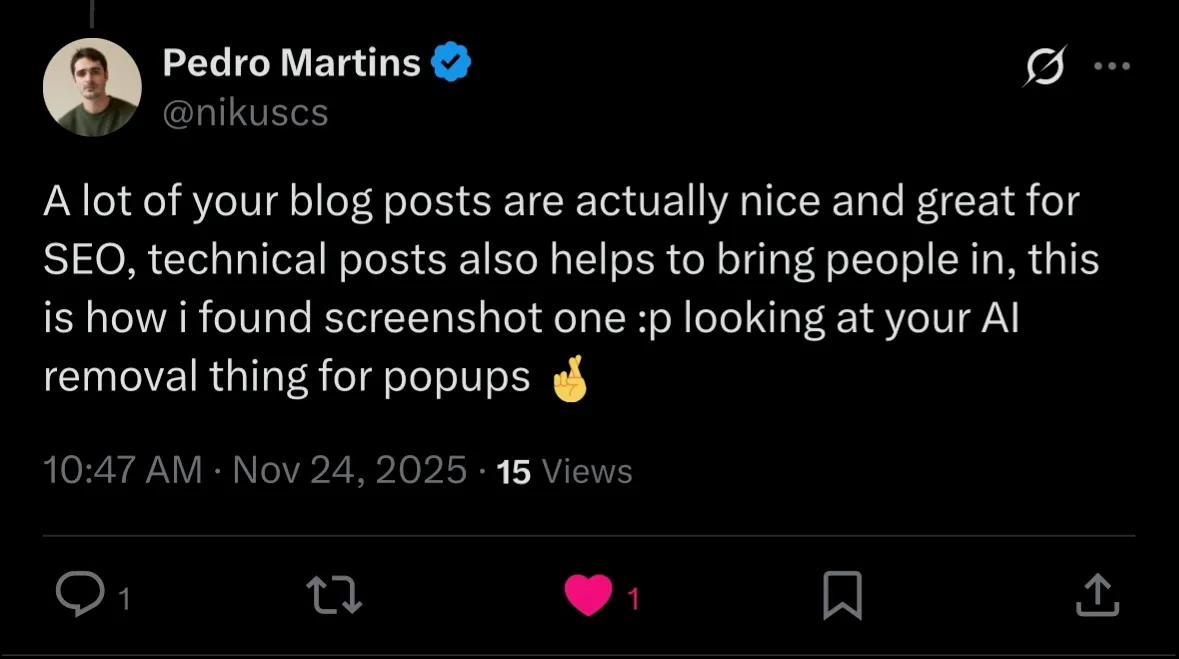 A testimonial about the ScreenshotOne blog